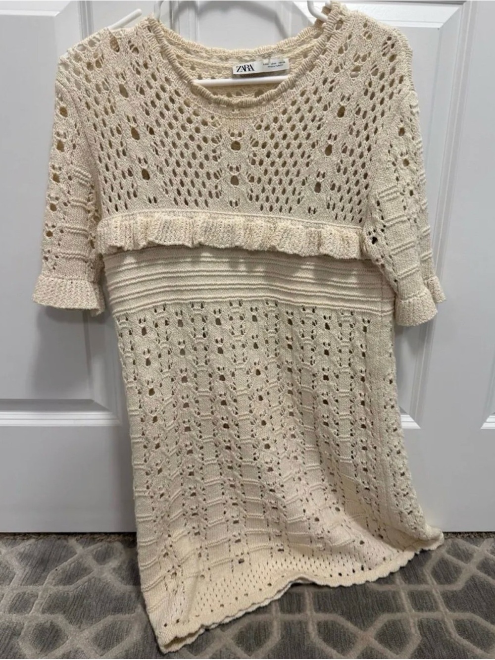 Zara Cream Lined Crochet Short Sleeve Dress